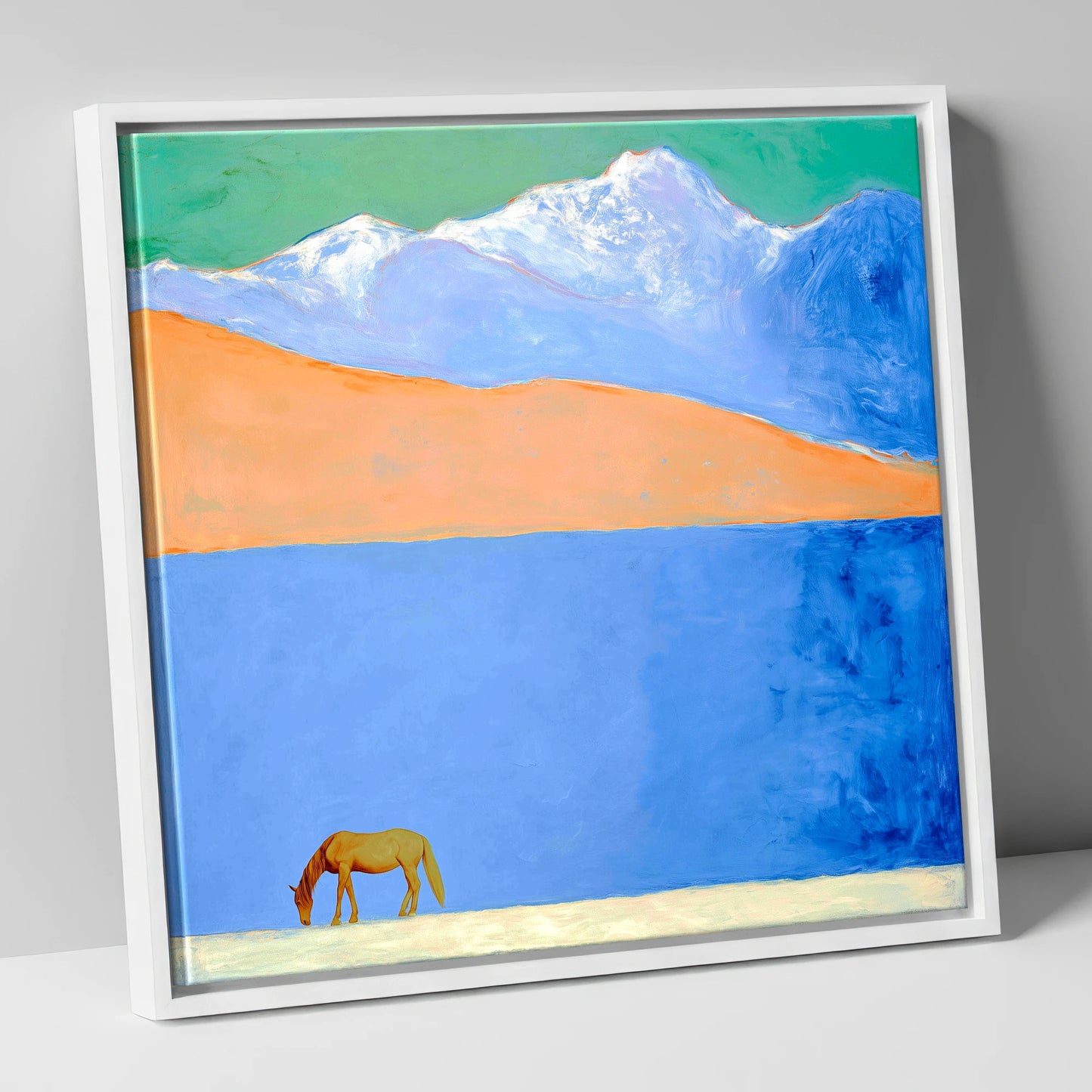 Alpine Solitude horse landscape canvas wall art in white frame