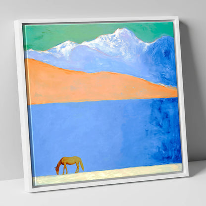 Alpine Solitude horse landscape canvas wall art in white frame