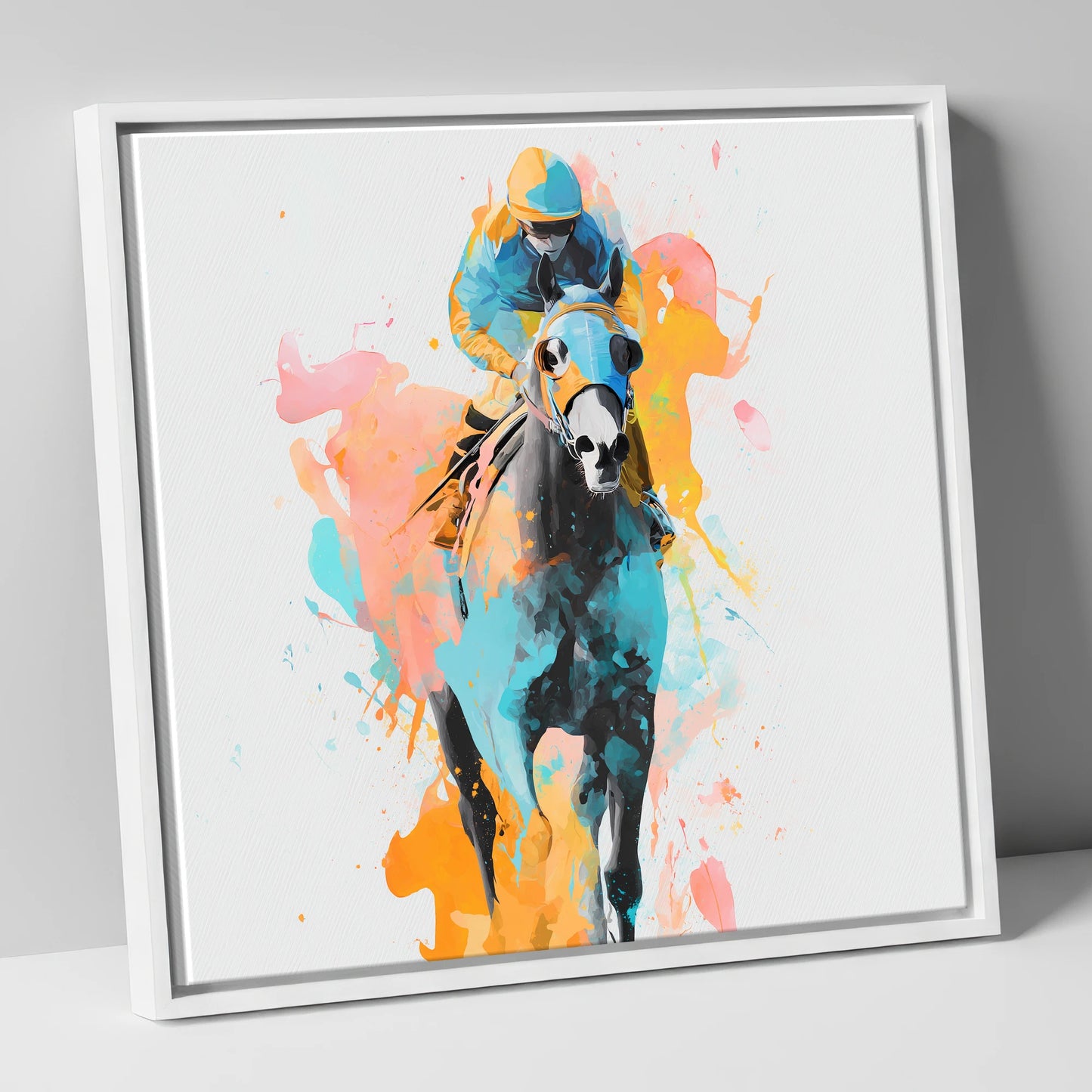 Vibrant Front Runner racing horse canvas wall art in white frame