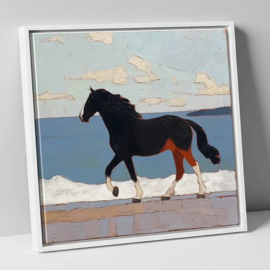 Seaside Stride horse landscape canvas wall art in white frame