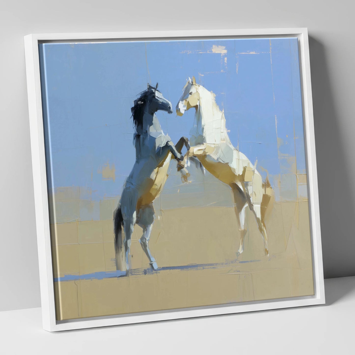 Sunlit Sparring wild horses canvas wall art in white frame