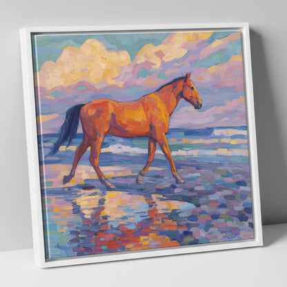 Vibrant Coastal Stroll horse landscape canvas wall art in white frame