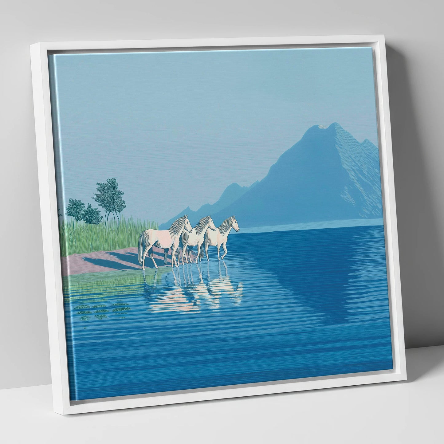 Reflections in Azure wild horses canvas wall art in white frame