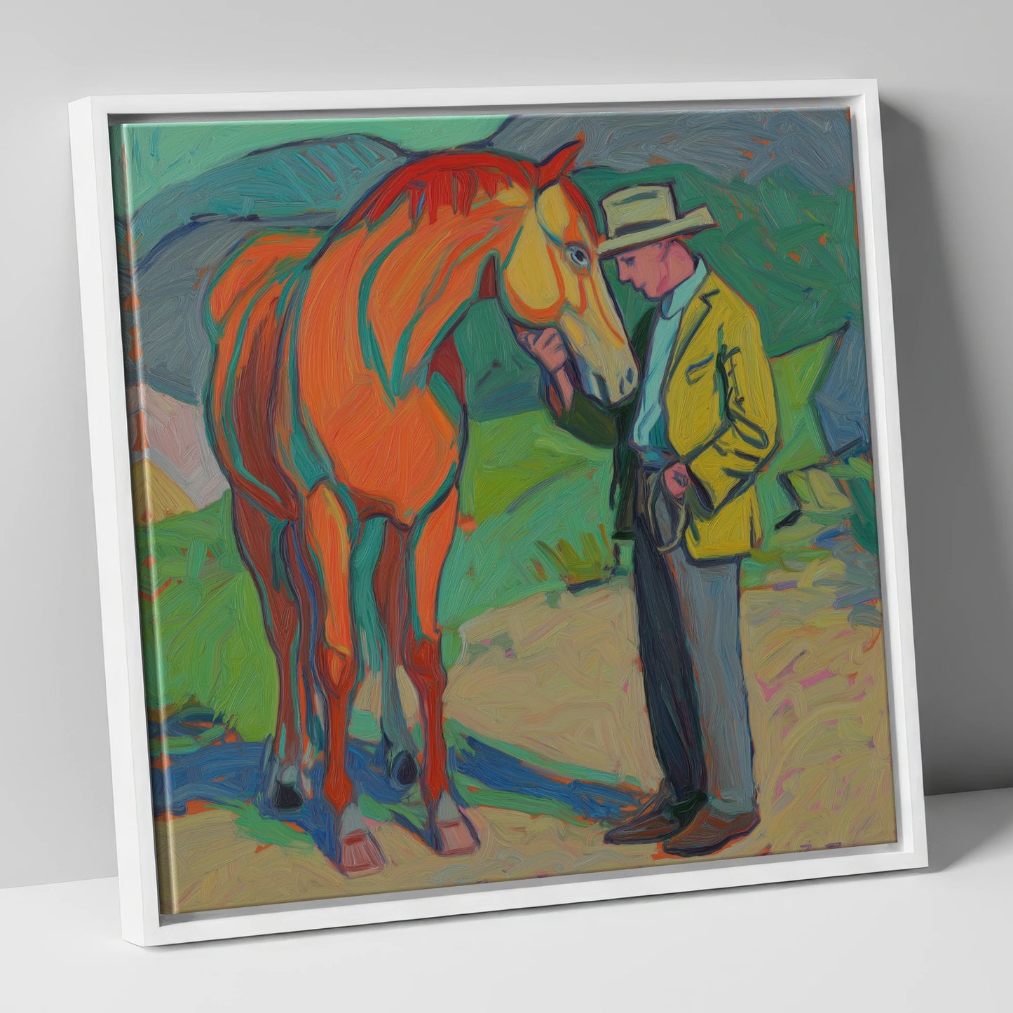 Vibrant Companionship horse & rider canvas wall art in white frame