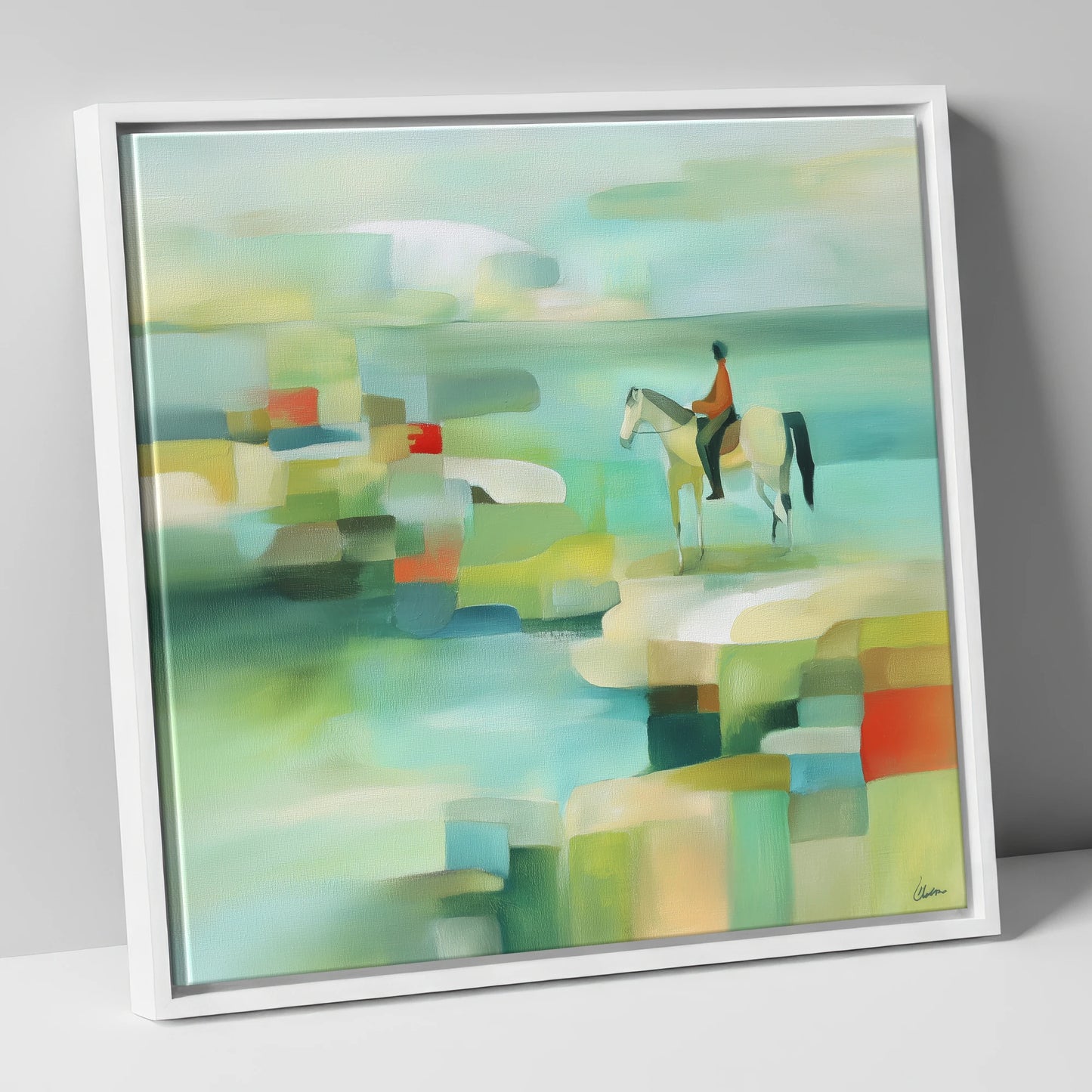 Geometric Shoreline Rider beach horse canvas wall art in white frame