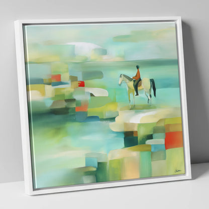 Geometric Shoreline Rider beach horse canvas wall art in white frame
