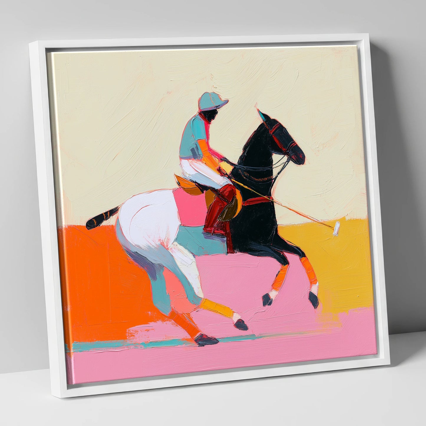 Vivid High Goal polo horse canvas wall art in white frame