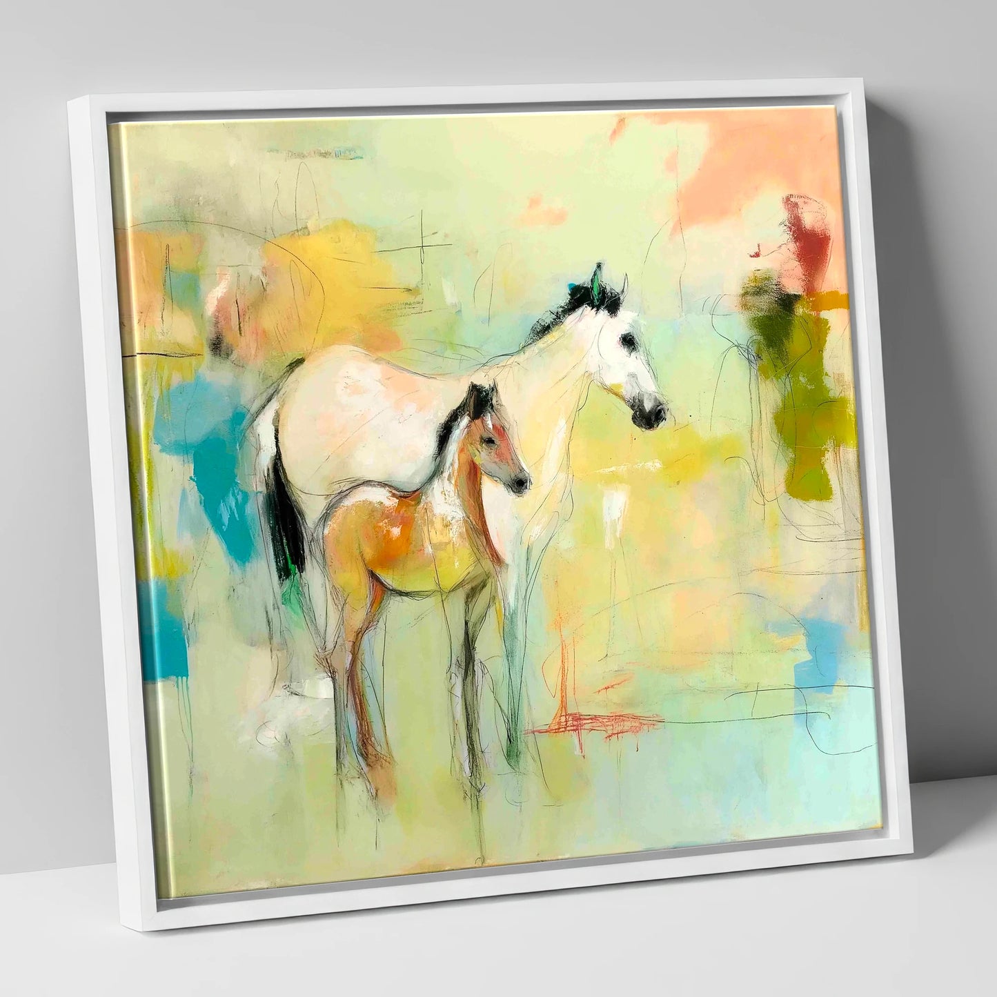 Ethereal Mare and Foal mare & foal canvas wall art in white frame