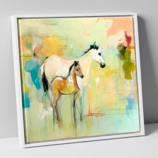Ethereal Mare and Foal mare & foal canvas wall art in white frame