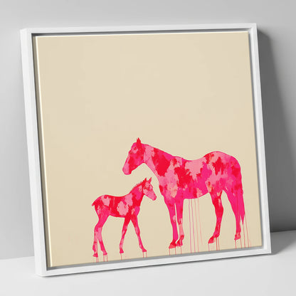 Magenta Mare and Foal mare & foal canvas wall art in white frame