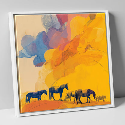 Golden Horizon Herd horse landscape canvas wall art in white frame
