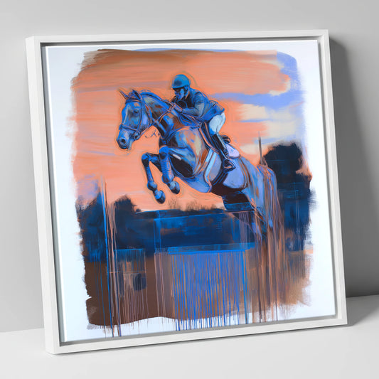 Cobalt Clearance show jumping horse canvas wall art in white frame