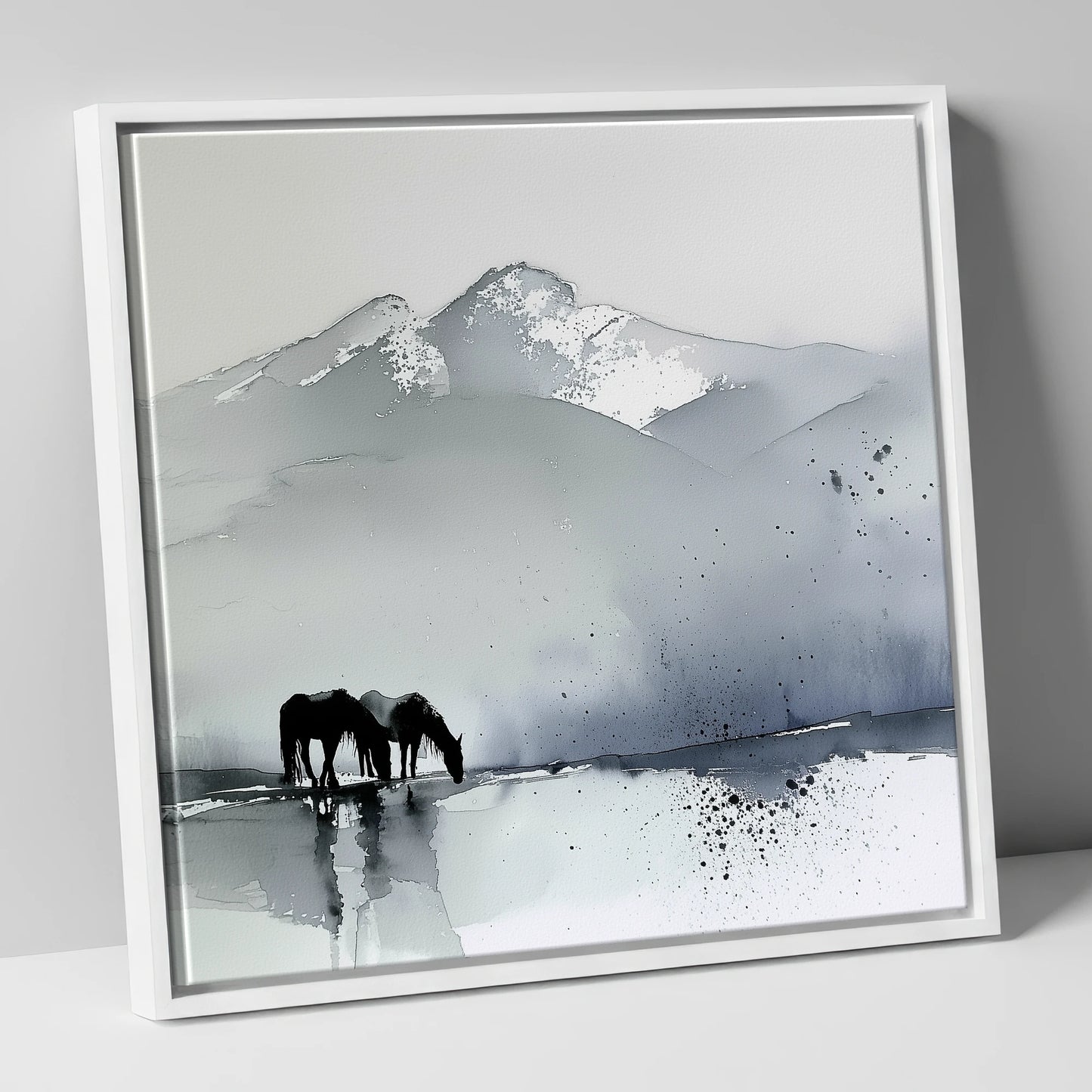 Mountain Mist Reflections horse landscape canvas wall art in white frame