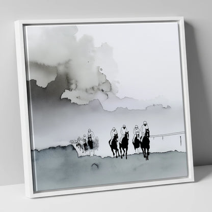 The Morning Gallops racing horse canvas wall art in white frame