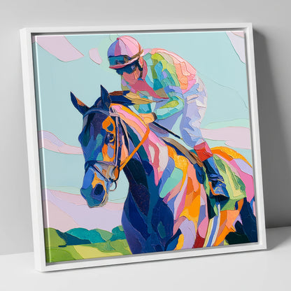 Technicolour Sprint racing horse canvas wall art in white frame