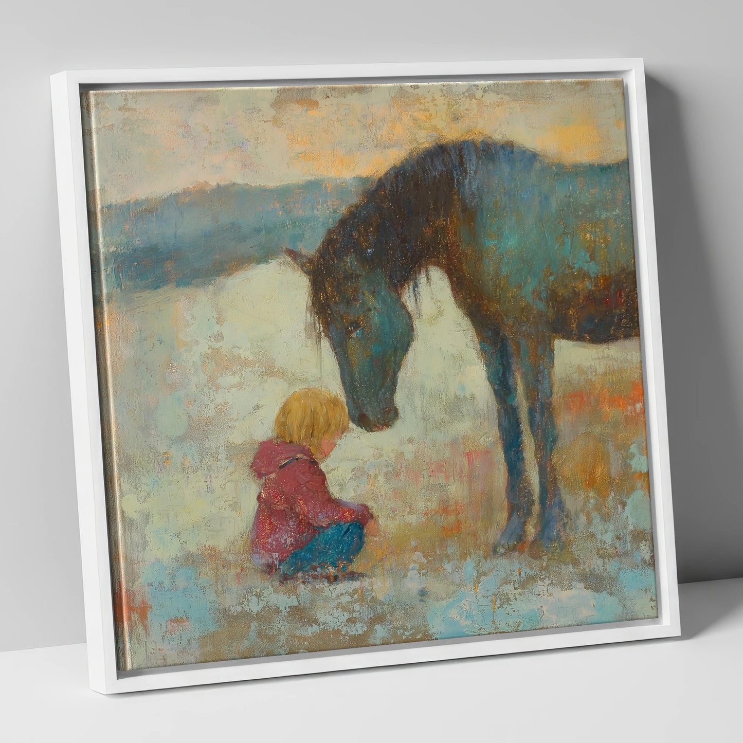 A Quiet Understanding horse & rider canvas wall art in white frame