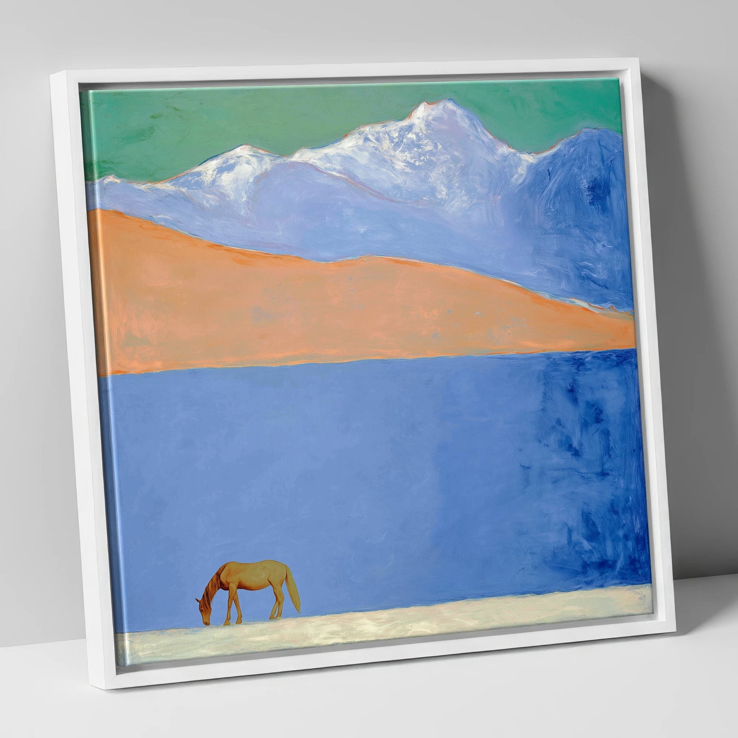 Alpine Solitude horse landscape canvas wall art in white frame