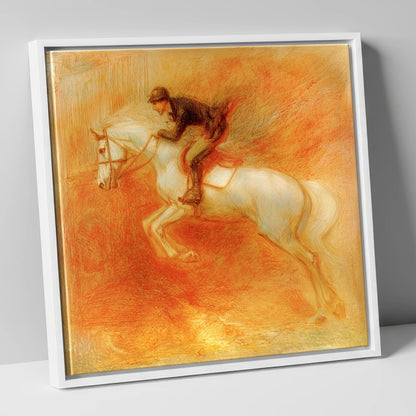 Terracotta Flight show jumping horse canvas wall art in white frame