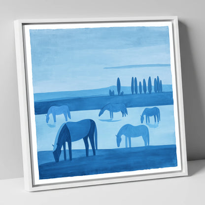 Azure Meadow Grazing horse landscape canvas wall art in white frame
