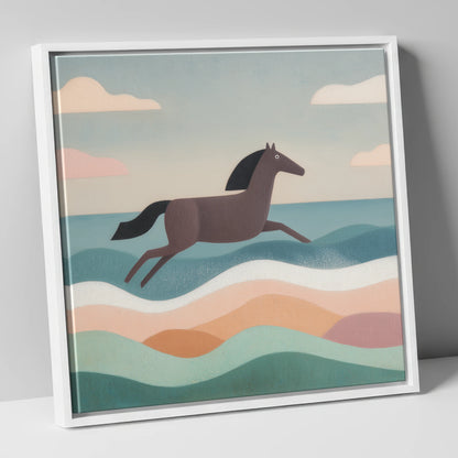 Rhythmic Coastal Canter beach horse canvas wall art in white frame