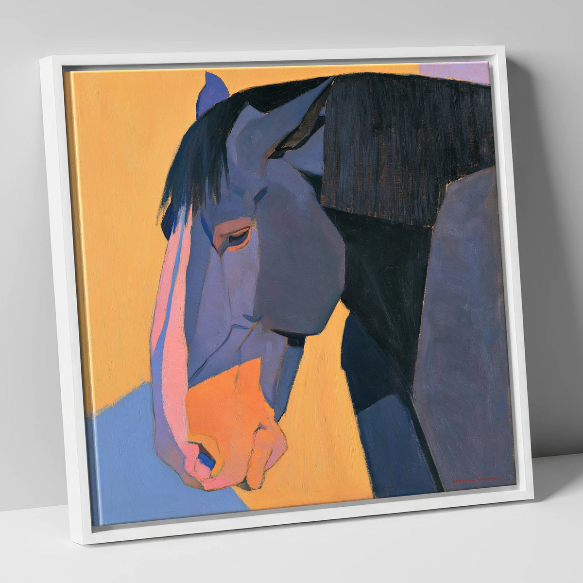 Vibrant Blue Horse Portrait horse breed canvas wall art in white frame
