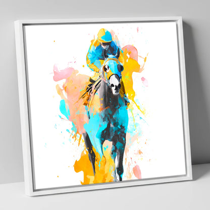 Vibrant Front Runner racing horse canvas wall art in white frame