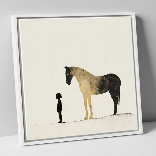 Celestial Bond horse & rider canvas wall art in white frame