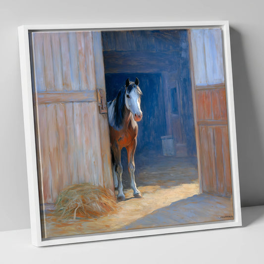 Sunlit Barn Doorway horse stable canvas wall art in white frame