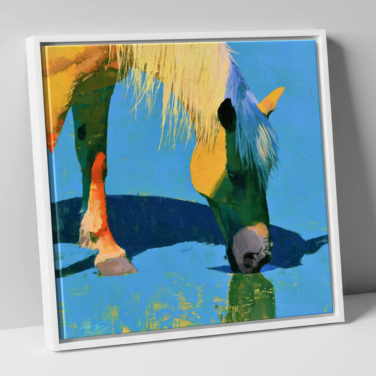 Vibrant Horse Drinking Water horse breed canvas wall art in white frame