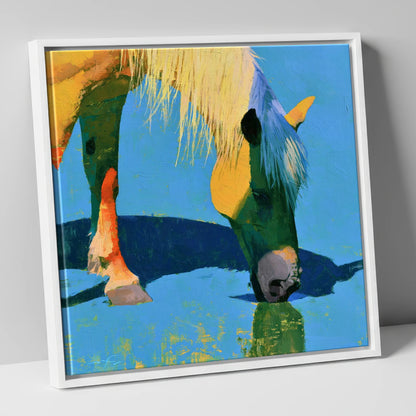 Vibrant Horse Drinking Water horse breed canvas wall art in white frame