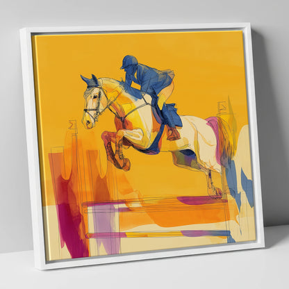 Flight In Gold show jumping horse canvas wall art in white frame