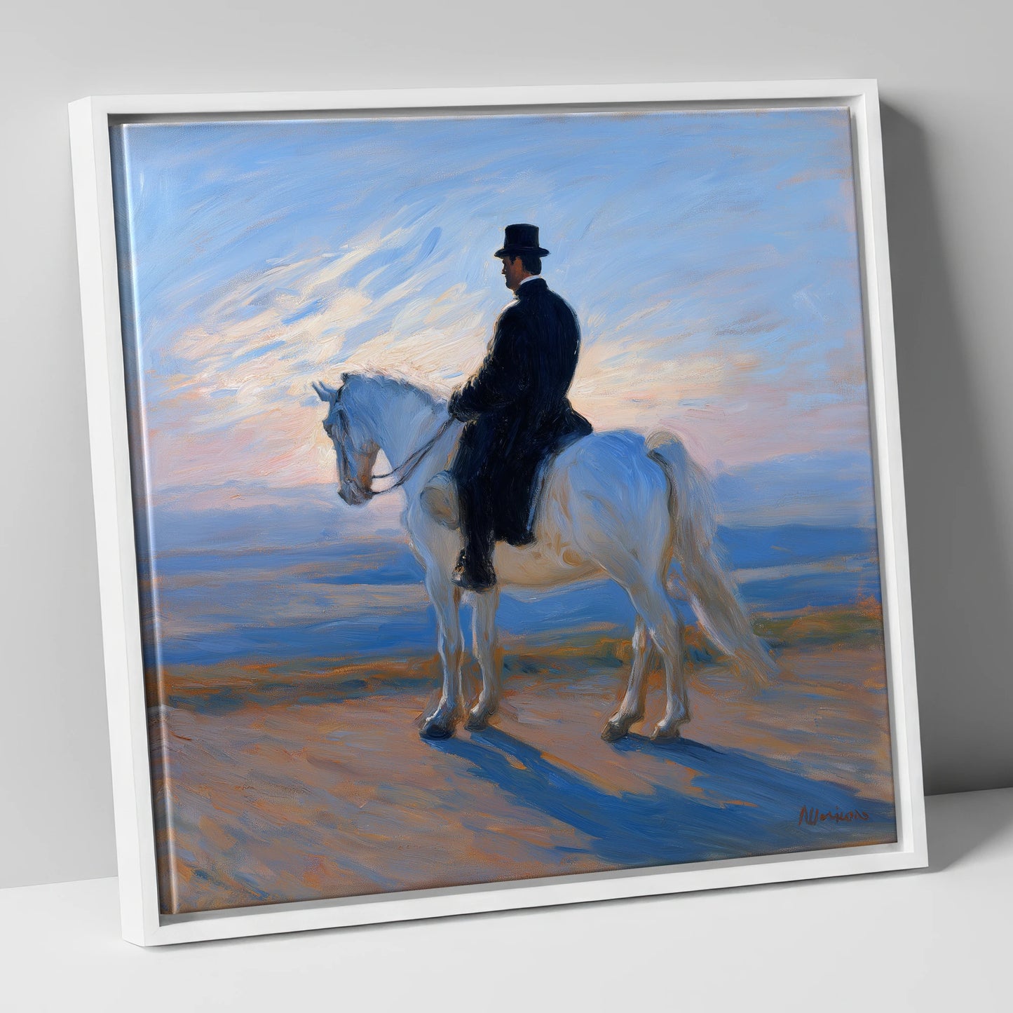 The Classical Rider dressage horse canvas wall art in white frame