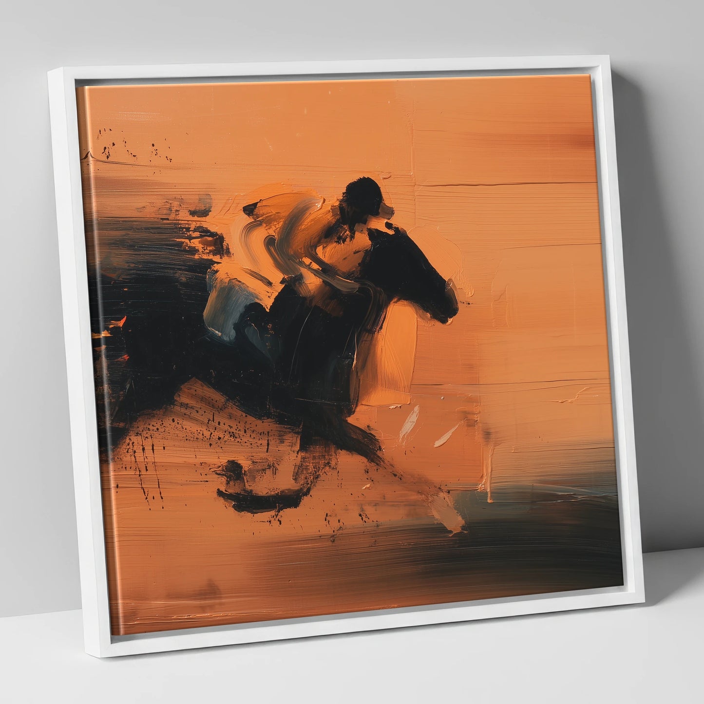 Amber Gallop racing horse canvas wall art in white frame