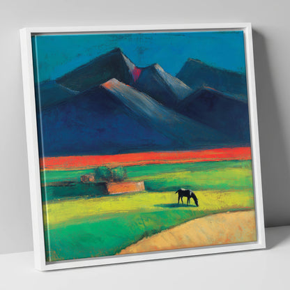 Grazing Beneath Indigo Peaks horse landscape canvas wall art in white frame