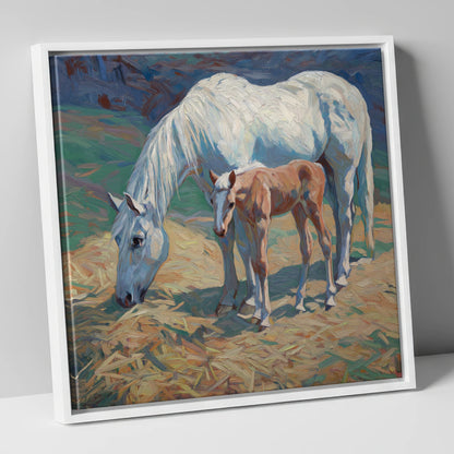 Sunlit Grey and Foal mare & foal canvas wall art in white frame