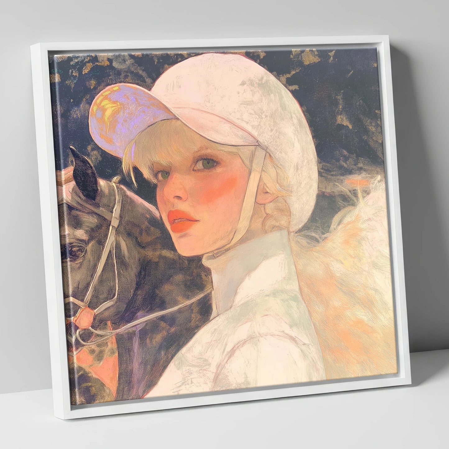 The Jockey's Gaze racing horse canvas wall art in white frame