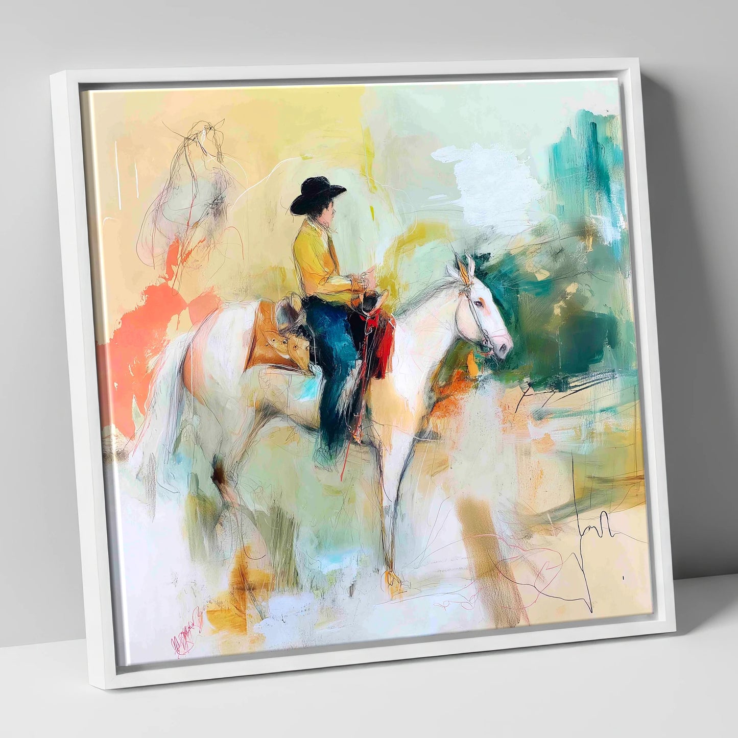 Painted Prairie Solitude western horse canvas wall art in white frame