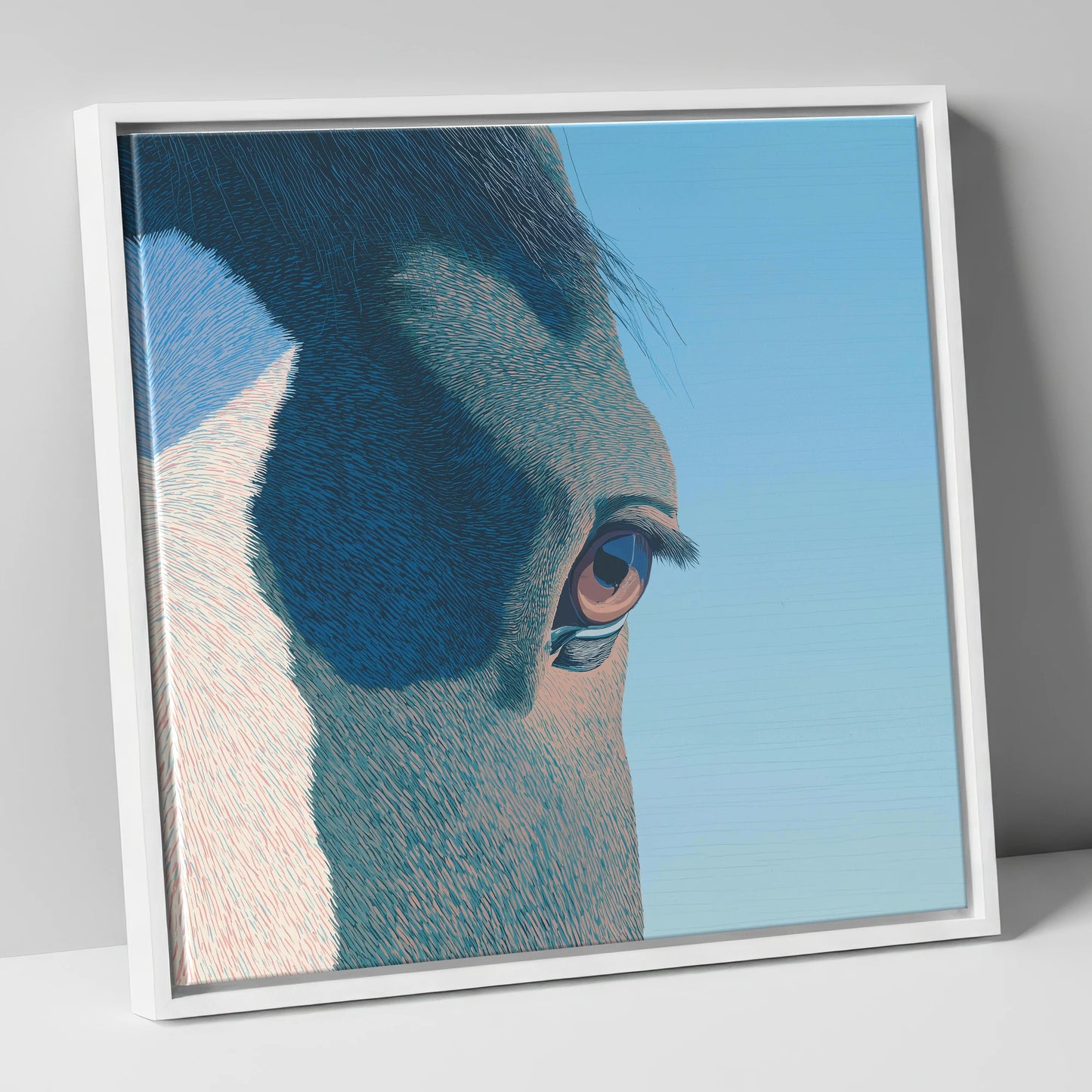 Stillness in Blue horse portrait canvas wall art in white frame