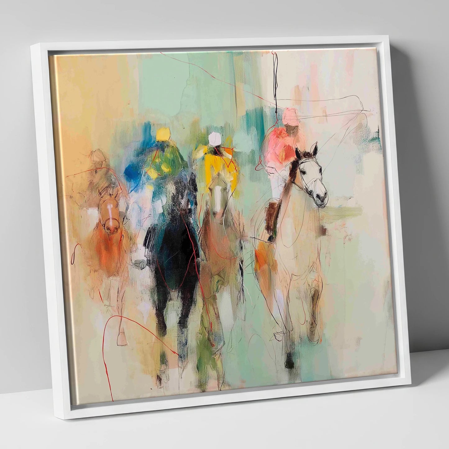 Thundering Silhouettes racing horse canvas wall art in white frame
