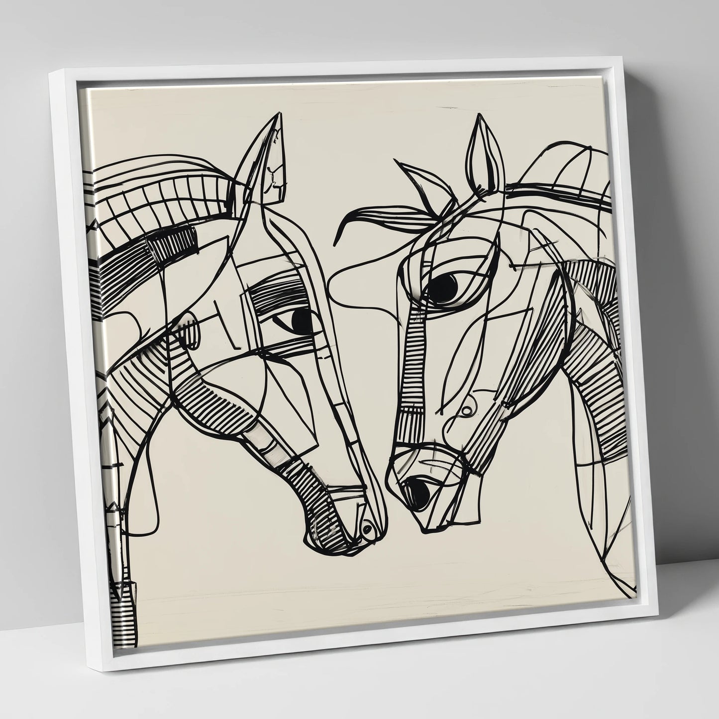 Linear Equine Connection horse portrait canvas wall art in white frame