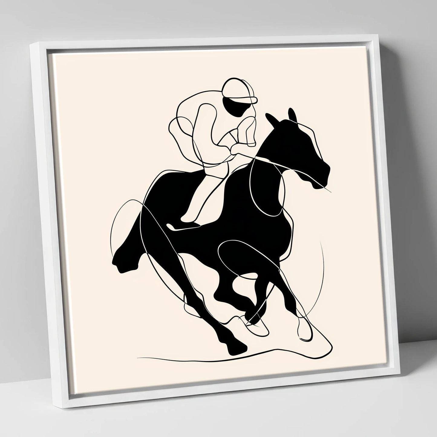 Silhouetted Gallop racing horse canvas wall art in white frame