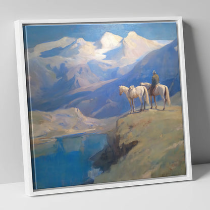 Alpine Vantage Point horse landscape canvas wall art in white frame