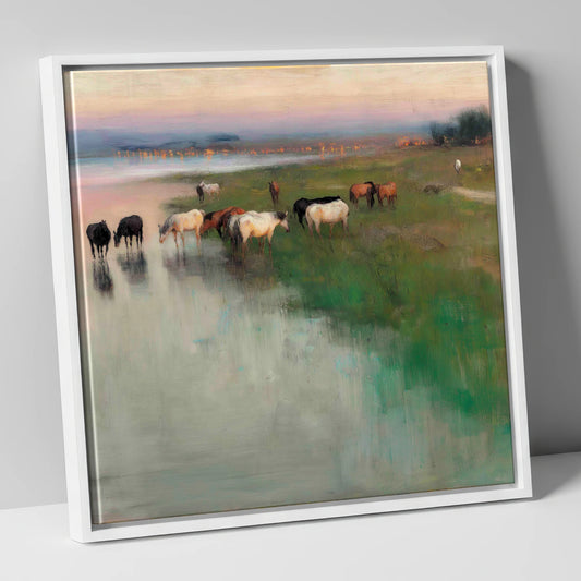 Misty Waterside Herd wild horses canvas wall art in white frame