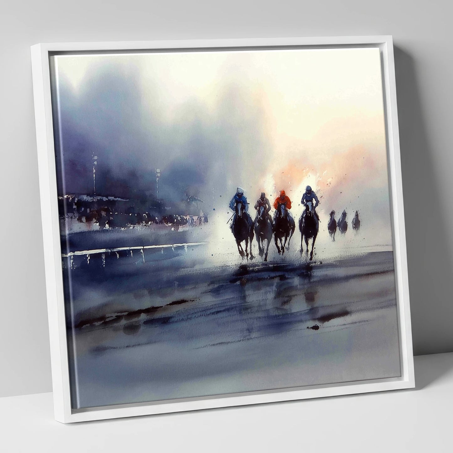 Out of the Mist racing horse canvas wall art in white frame