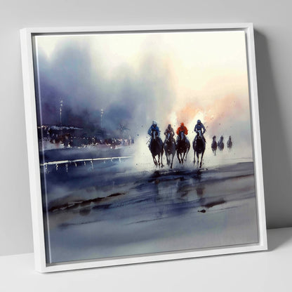 Out of the Mist racing horse canvas wall art in white frame