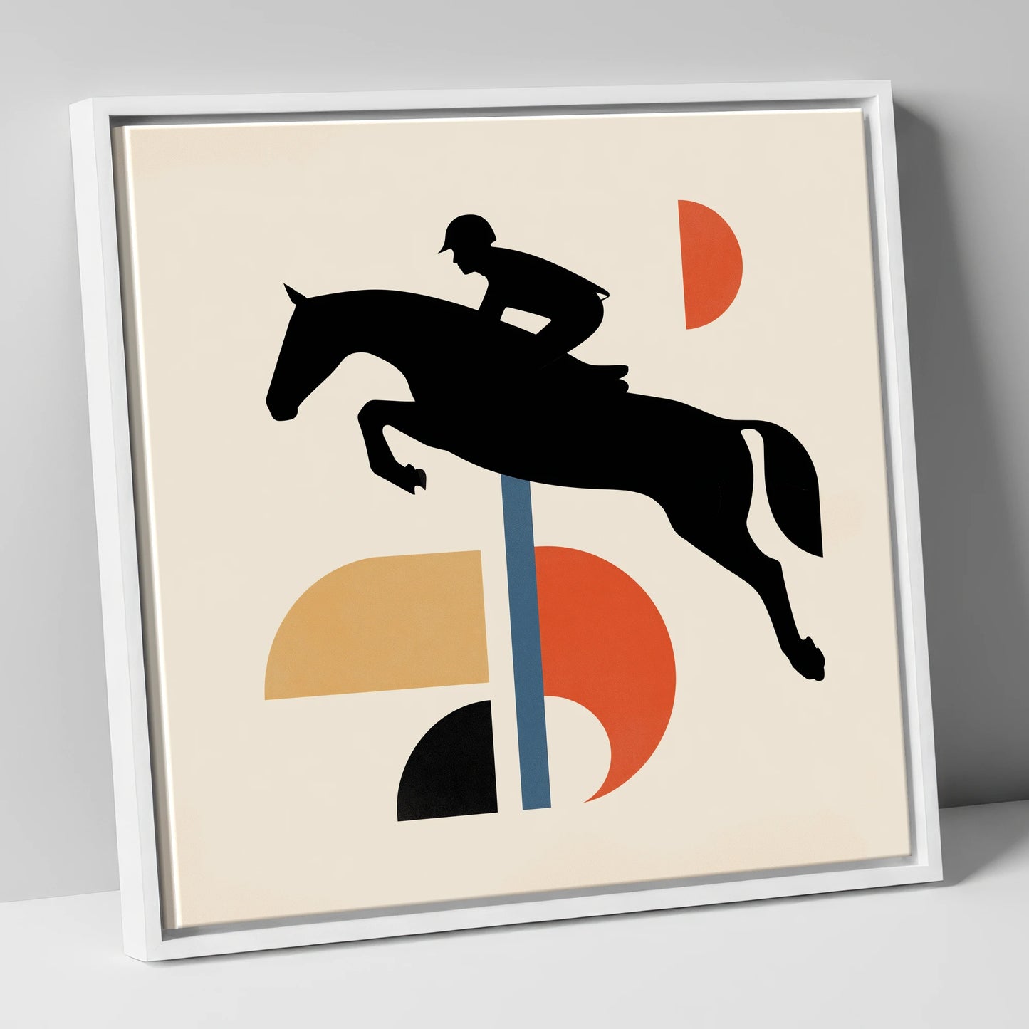 Retro Geometric Showjumper show jumping horse canvas wall art in white frame