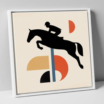 Retro Geometric Showjumper show jumping horse canvas wall art in white frame