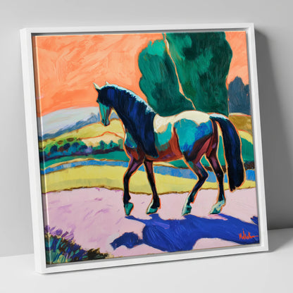 The Cobalt Stride horse breed canvas wall art in white frame