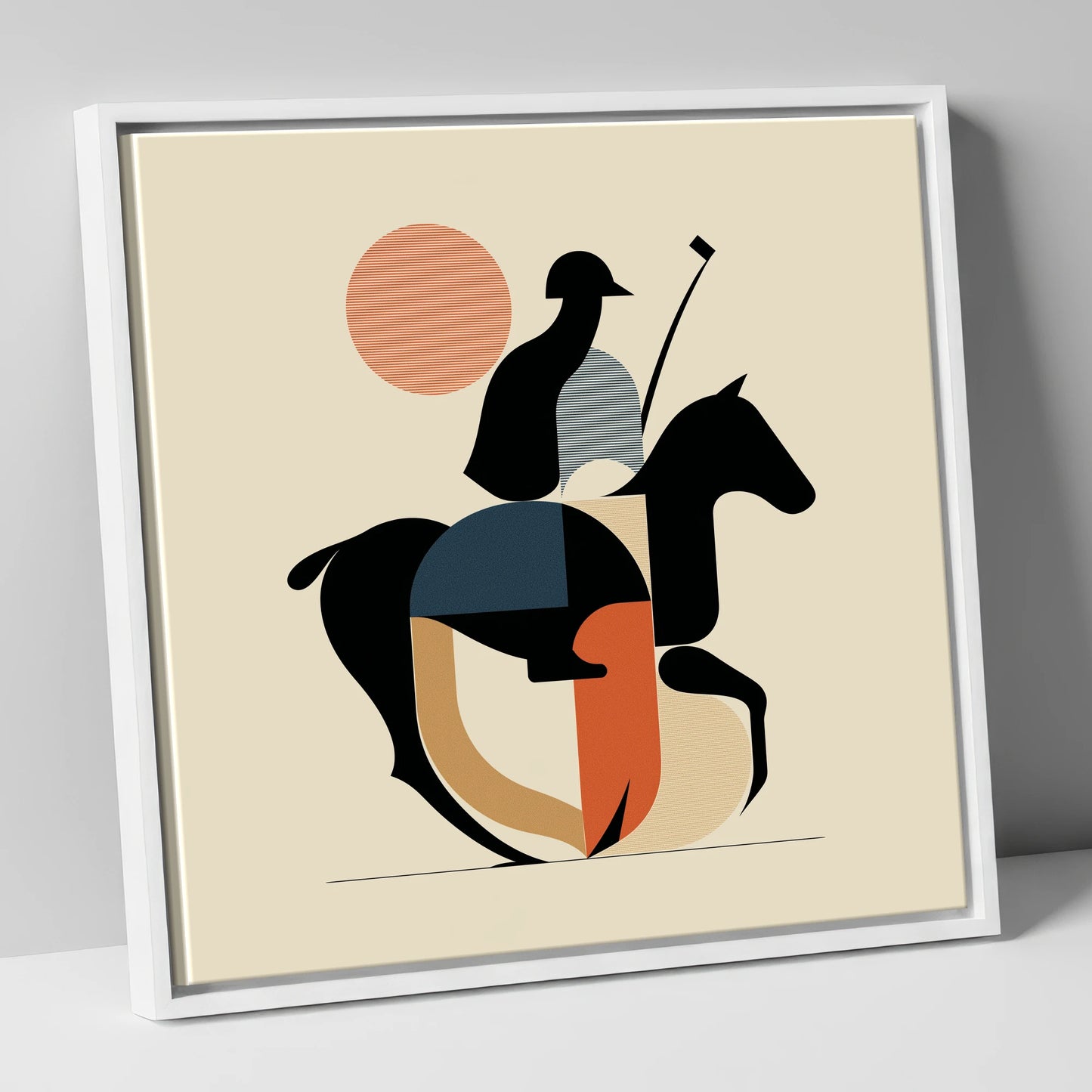 Mid-Century Polo Match polo horse canvas wall art in white frame