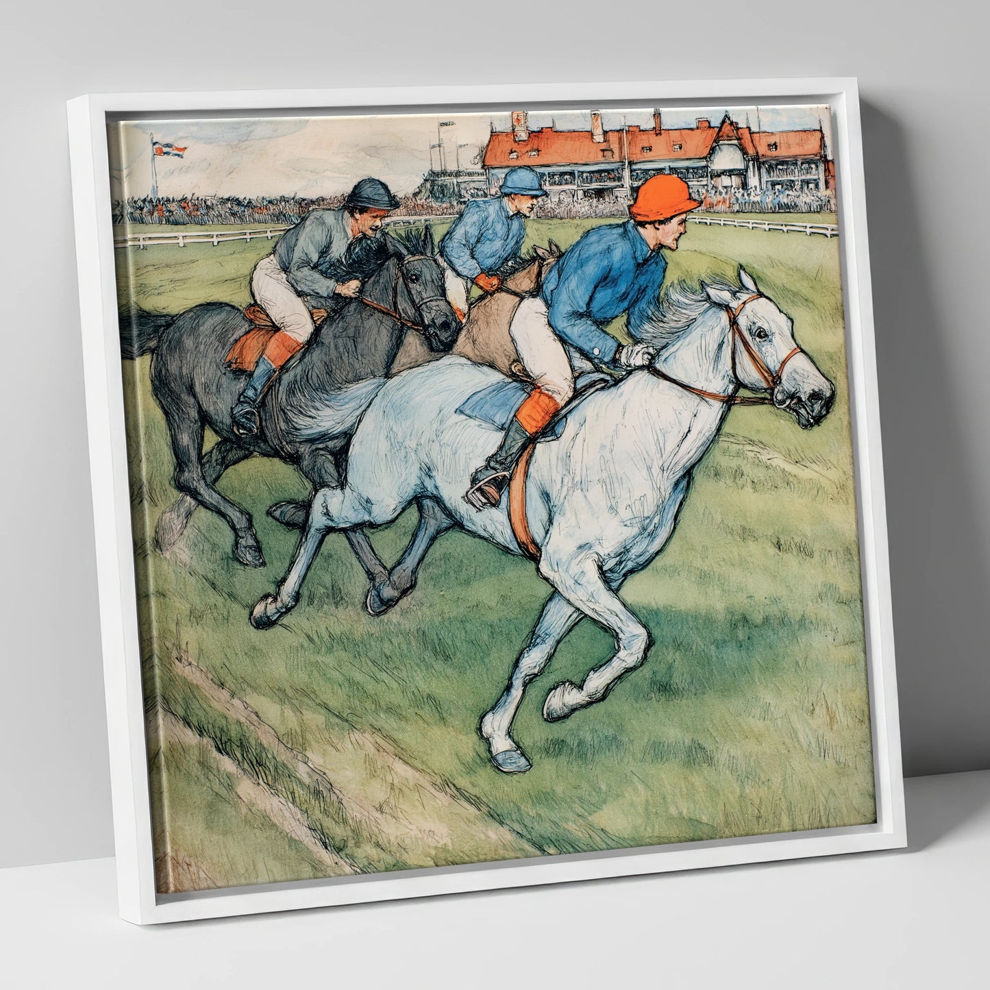 The Final Furlong racing horse canvas wall art in white frame